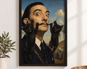 Surreal Framed Wall Art | Quirky Vintage Portrait & Black Cats for Eclectic Spaces