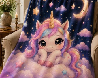 Unicorn Sherpa Blanket, Pastel Rainbow, Kawaii Throw, Cozy Nursery Decor