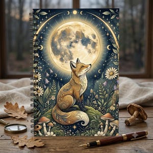 Puede incluir: Un cuaderno de espiral con una ilustración detallada de un zorro sentado en una colina cubierta de hierba bajo una gran luna llena brillante. La escena incluye flores silvestres, setas y patrones celestiales en tonos dorados y azules.
