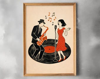 Retro Jazz Saxophone Singer Print, Mid Century Music Wall Art (Digital Download)