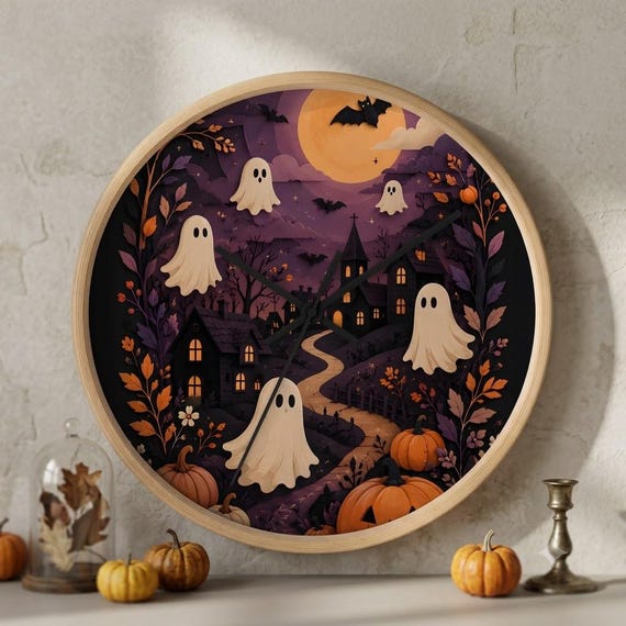 Halloween Wall Clock: Ghosts, Huts, and Pumpkins