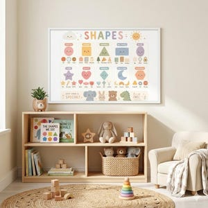 May include: A framed educational poster with the word "SHAPES" and various colorful shapes. A wooden bookshelf displays books, toys, and a potted plant. A woven rug and a beige armchair complete the room's decor.