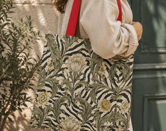 William Morris Botanical Pattern and Zebra Textured Fabric Bag - Stylish for Everyday Use