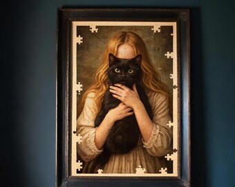Vintage Black Cat Portrait Art, Dark Academia Decor, Oil Painting Style (Digital Download)