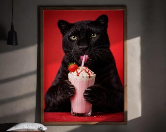 Panther Strawberry Milkshake Print, Quirky Pop Art Animal Poster (Digital Download)