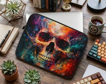 Colorful Skull Laptop Sleeve, Psychedelic MacBook Case, Gothic Tech Protection