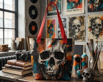Skull Abstract Art Tote Bag, Gothic Grunge Canvas, Alternative Style Carryall