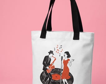 Vintage Jazz Tote Bag, Retro Saxophone Singer Art, Vinyl Record Music Lover Gift