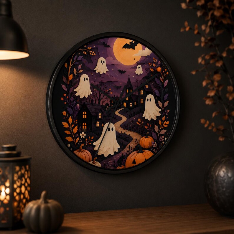 Orologio da parete di Halloween: fantasmi, casupole e zucche