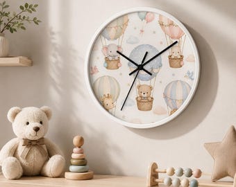 Cute Baby Room Wall Clock - Pastel Balloons and Animal Theme