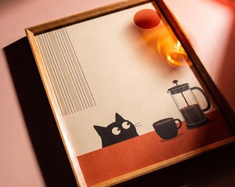 Minimalist Black Cat Coffee Art Print, Japandi Modern Decor (Digital Download)