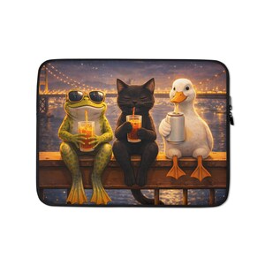 Capa para laptop com estampa de animais fofos: sapo, gato, ganso, estética urbana noturna, capa para MacBook, bolsa para laptop kawaii, ideia de presente exclusiva.