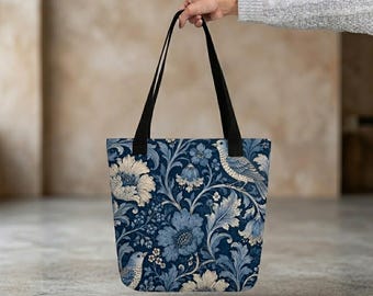 Blue Bird Tote Bag - Aesthetic Floral Canvas Shopper - Botanical Art Shoulder Bag - Inspired by William Morris Style Gift for Her