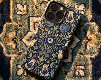 Evil Eye iPhone Case - Boho Floral Tough Phone Cover - Protective Aesthetic Shell - Inspired by William Morris Style Art Gift
