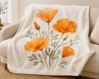 California Poppy Sherpa Blanket | Soft Nature-Inspired Home Decor