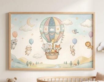 Nursery Hot Air Balloon Framed Poster, Cute Safari Animal Wall Art, Baby Room Decor, Watercolor Cloud Print, Gender Neutral Kids Room Gift