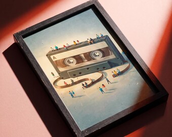 Retro Cassette Tape Wall Art, Vintage Music Poster, Surreal Illustration (Digital Download)