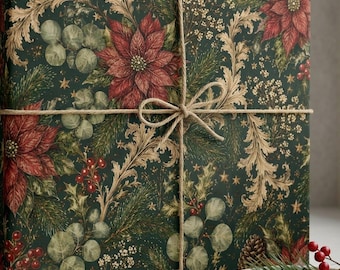 Elegant Vintage Botanical Christmas Gift Wrap - Poinsettia, Pine Cones, and Festive Winter Leaves
