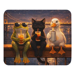 Alfombrilla de ratón con diseño de rana, gato y ganso, divertida, con estética de ciudad nocturna y animales. Ideal como regalo para la oficina.