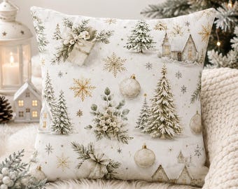 Premium Christmas Decorative Pillow - Snow-Covered Pines and Elegant Gold Details