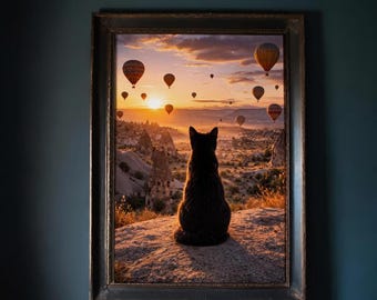 Cappadocia Cat Wall Art, Hot Air Balloon Sunset Print, Travel Landscape Poster (Digital Download)