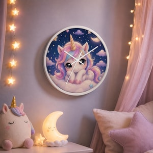 Relógio de parede unicórnio fofo - Design em tons pastel com estrelas e nuvens