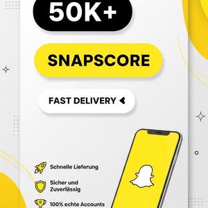 以下が含まれることがあります： 黄色と白を基調としたデジタル広告。画像にはSnapchatのロゴ、テキスト「50K+」、「SNAPSCORE」、および「FAST DELIVERY」が含まれています。スマートフォンにはSnapchatのロゴが表示されます。追加のテキストには「Schnelle Lieferung」、「Sicher und Zuverlässig」、および「100% echte Accounts」が含まれています。