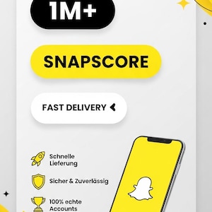 以下が含まれることがあります： 黄色と白を基調としたプロモーション用グラフィック。Snapchatのゴーストロゴ、「1M+」、「SNAPSCORE」、「FAST DELIVERY」の文字が表示されています。スマートフォンにはSnapchatのロゴが表示されています。その他のアイコンとテキストも含まれています。