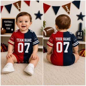 Conjunto de bebé personalizado de media pieza, traje de fútbol personalizado de dos colores de equipo, pelele para bebé para el día del partido, traje de bebé personalizado con nombre y número