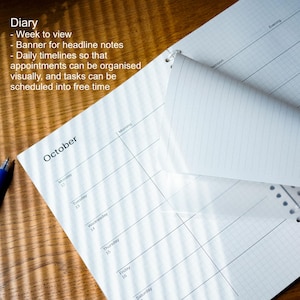 May include: A white spiral-bound diary with a week-to-view layout, featuring daily timelines, a banner for headline notes, and a separate lined insert page for tasks and notes. The text on the page reads Diary, Week to view, Banner for headline notes, Daily timelines so that appointments can be organised visually, and tasks can be scheduled into free time, and Notebook, Insert page for tasks, to do, and notes.