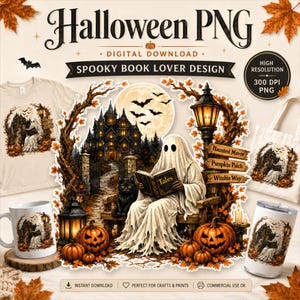 Straszna książka z duchem czytającym PNG | Vintage Halloween Czarny Kot Clipart (Pobieranie cyfrowe)