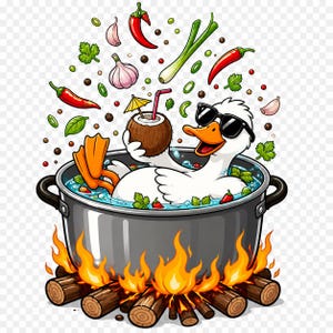 May include: A cartoon image of a white duck in sunglasses, relaxing in a pot of soup over a fire. Ingredients like chillies and garlic float around. The duck holds a coconut drink with a straw and tiny umbrella.