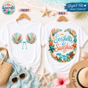 Paquete de imágenes PNG de conchas marinas, diseño de camiseta con conchas marinas y sol en la playa, sublimación de verano.