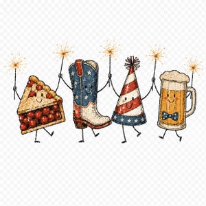 May include: A whimsical illustration featuring a slice of cherry pie, a cowboy boot, a party hat, and a beer mug, each holding sparklers. The characters are decorated in red, white, and blue, celebrating a patriotic theme.
