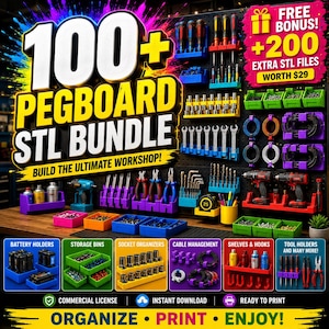May include: A digital bundle of 100+ pegboard STL files for 3D printing, featuring a black pegboard wall filled with colourful plastic tool organisers, storage bins, and hooks. Includes text overlays like 100+ PEGBOARD STL BUNDLE and FREE BONUS.