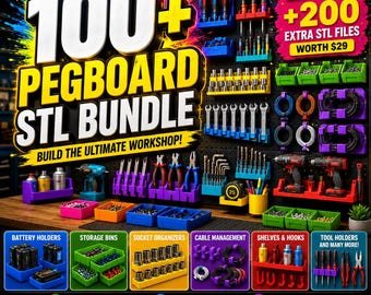 100+ Pegboard Organizer STL Bundle | Tool Holders, Storage Bins, Hooks, Shelves & Workshop 3D Print Files
