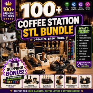 Könnte beinhalten: Ein digitales Paket mit über 100 STL-Dateien für den 3D-Druck von Kaffeestation-Zubehör. Enthält Designs für Kapselhalter, Siebträgerständer, Tamper-Stationen, Abschlagbehälter, Tassenhalter, Filterhalter, Sirupregale und Kaffeedosen.