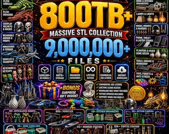 May include: A digital promotional graphic for Prime3DForge featuring a massive 3D print library with 800TB of data and 9,000,000+ STL files. The image displays various categories like flexi animals, cosplay masks, vehicles, and home decor with text overlays.