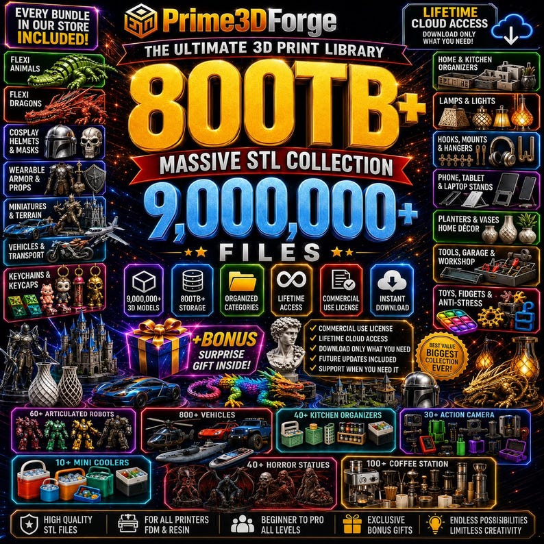 Square black and orange Prime3DForge graphic advertising an 800TB+ Mega STL Bundle with 9,000,000+ 3D printer files, lifetime cloud access, and models including dragons, miniatures, vehicles, robots, organizers, lamps and planters.