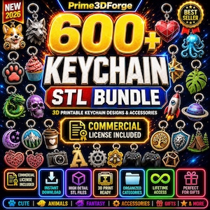 Peut inclure: Un ensemble numérique de plus de 600 fichiers STL de porte-clés imprimables en 3D avec des designs variés comme des animaux, des créatures fantastiques, de la nourriture et des objets. Le graphique inclut le texte 600+ KEYCHAIN STL BUNDLE.