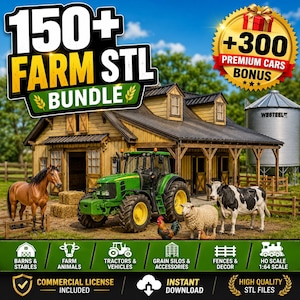 Könnte beinhalten: Ein digitales Paket mit über 150 Farm-STL-Dateien, das einen grünen Traktor, ein braunes Pferd, ein Schaf, einen Hahn und eine schwarz-weiße Kuh vor einer Holzscheune und einem Getreidesilo zeigt. Enthält einen Bonus von 300 Premium-Auto-STL-Dateien.