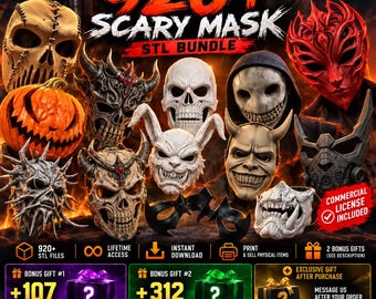 920+ Scary Mask STL Bundle, Horror Halloween Masks, Cosplay 3D Print Files