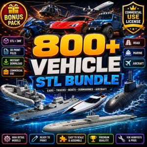 May include: A digital graphic for an 800+ vehicle STL bundle featuring 3D print files for cars, trucks, boats, submarines, and aircraft. The image displays a helicopter, airplane, motorcycle, red sports car, blue off-road vehicle, and various naval vessels.
