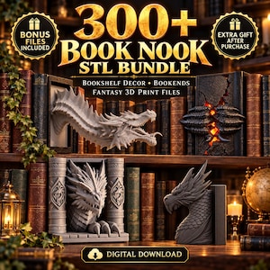 300+ Bokhörns-STL-paket, Fantasy-bokhylledekor och bokstöd, 3D-utskriftsfiler