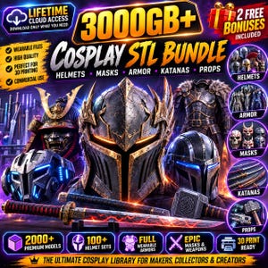 3000 GB Cosplay STL-paket, bärbara hjälmar, rustningar, masker, katanas och 3D-utskrivna rekvisita