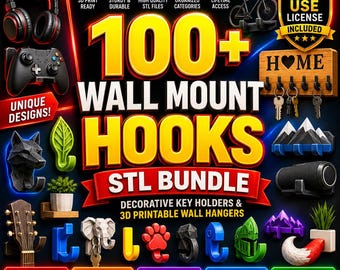 100+ Wall Mount Hooks STL Bundle | Key Holders, Guitar, Bike & Headphone Mounts