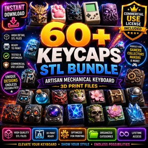 Peut inclure: Un graphique promotionnel numérique pour un lot de plus de 60 fichiers STL de touches de clavier mécanique artisanales. L'image présente divers modèles de touches imprimées en 3D, incluant des crânes, dragons, fleurs et thèmes de jeu.