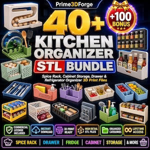 May include: A digital collection of 40+ kitchen organizer STL files for 3D printing, featuring various designs including spice racks, drawer dividers, refrigerator bins, and cabinet storage solutions in multiple colors and configurations.