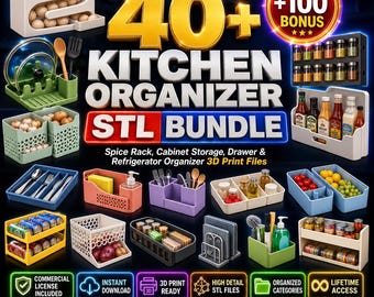 40+ Kitchen Organizer STL Bundle | Spice Rack, Cabinet Storage, Drawer & Refrigerator Organizer 3D Print Files