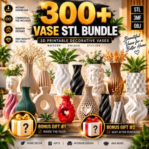 Può includere: Una collezione digitale di oltre 300 file STL di vasi stampabili in 3D con vari design moderni in bianco, nero, rosso, verde e oro. L'immagine mostra diversi vasi decorativi con motivi geometrici, a spirale e floreali, inclusi due pacchi regalo bonus.